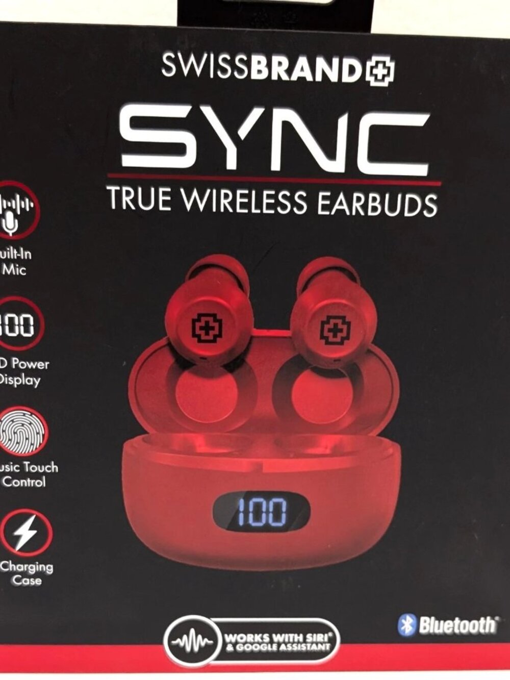 Swiss Brand Sync True Wireless Earbuds Bluetooth Red LED Display Siri Case NIB